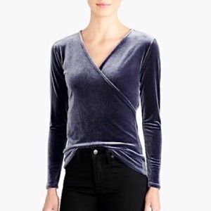 J Crew blue velvet long sleeve wrap top